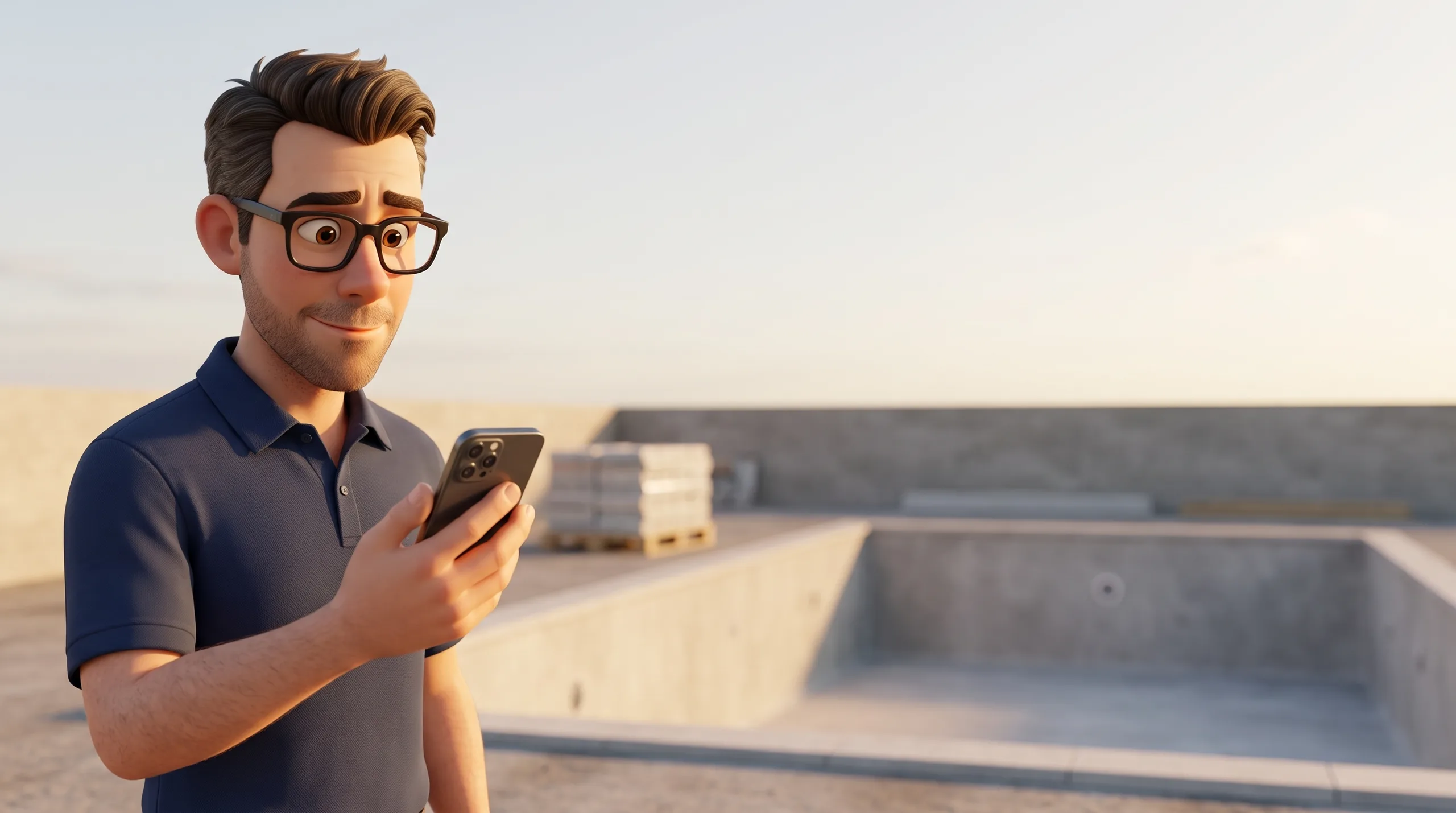 Le même gérant sur un chantier, au bord d'un bassin en construction, qui vient de lire un message sur son téléphone.