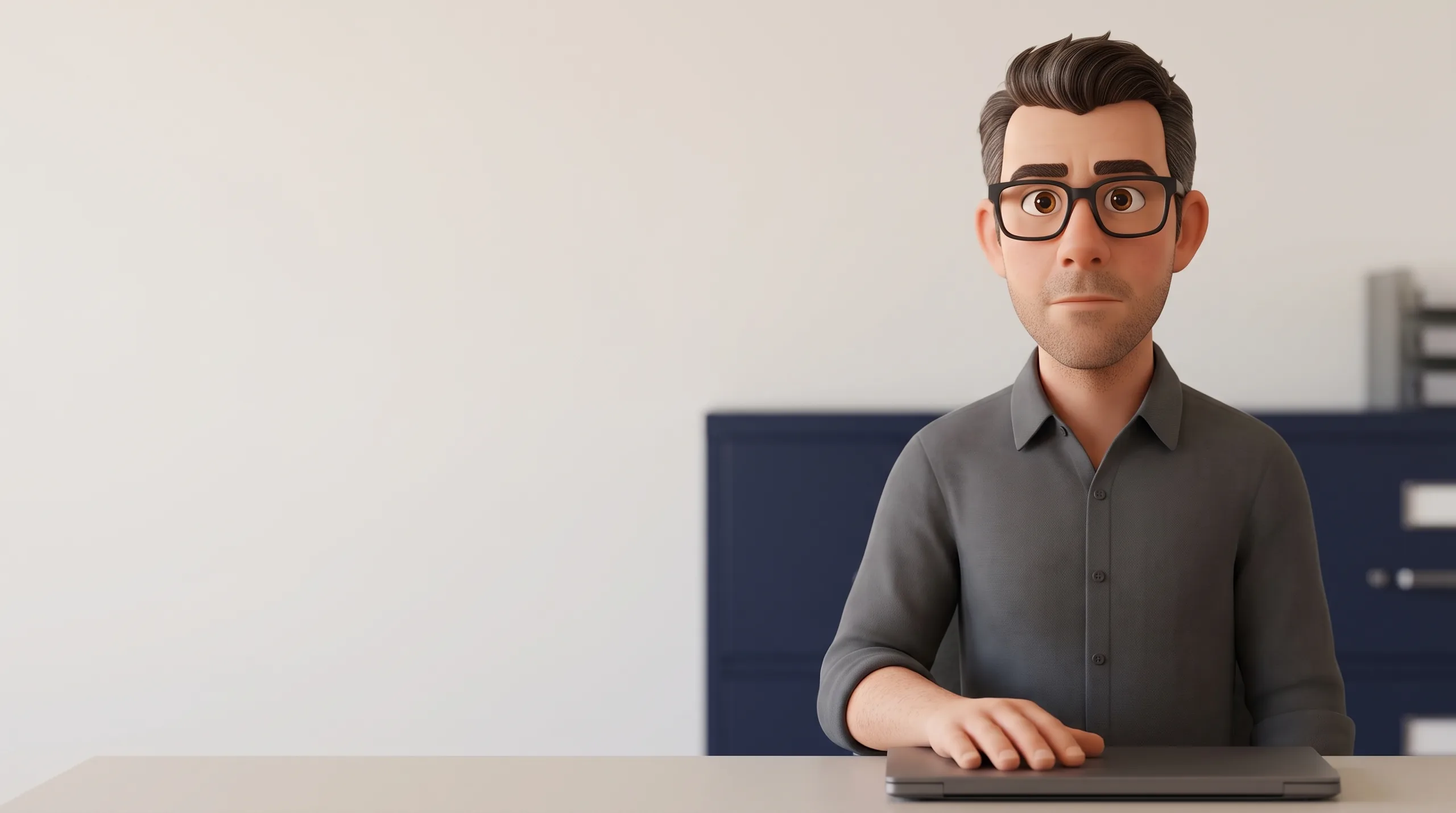 Le même gérant dans son bureau, la main posée à plat sur un ordinateur portable fermé, le regard calme et direct.